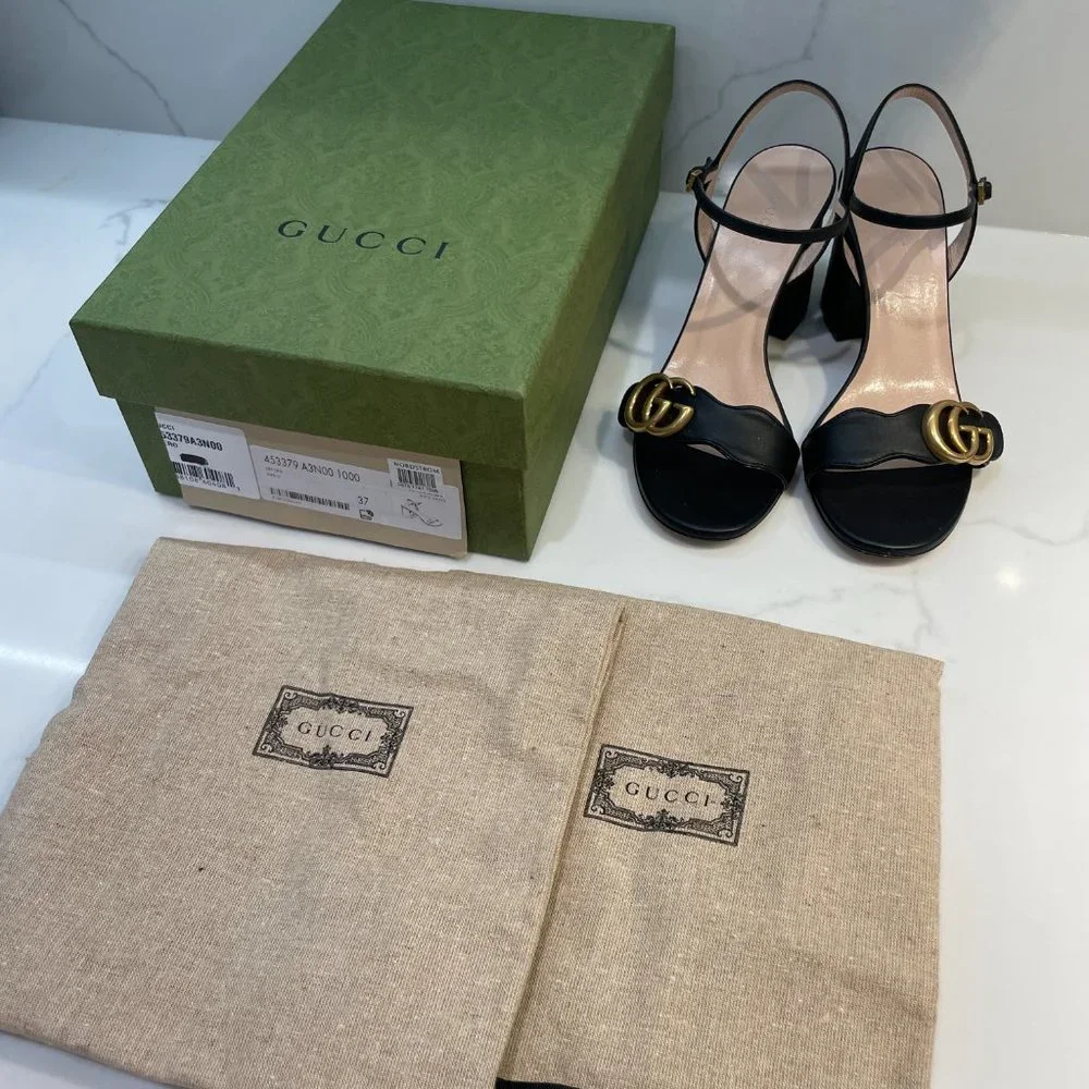 GUCCI - GG Marmont Leather Block Heel Sandal Black size 37 - US size 7 - Picture 8 of 8